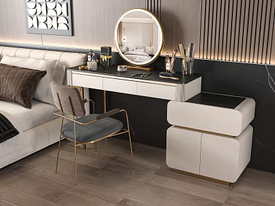 Modern Vanity Table With Round Gold Frame Mirror Velvet Chair And Cosmetic Decor Items 3d model