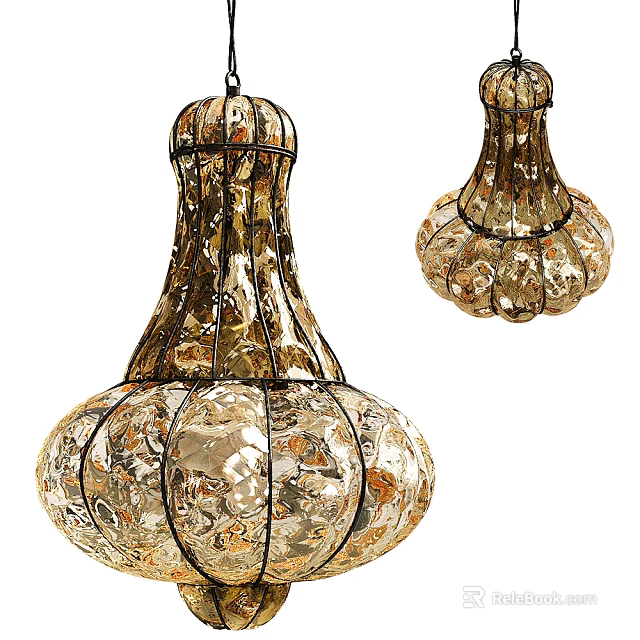 Elegant Chandelier with Metal Frame and Translucent Golden Patterned Design 3d model 