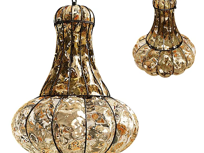 Elegant Chandelier with Metal Frame and Translucent Golden Patterned Design 3d model