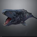 Detailed Blue Whale Sculpture With Red Stripes Open Mouth On Dark Background