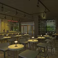 Modern Bar Interior Design With Wine Bottles Display And Round Tables Chairs