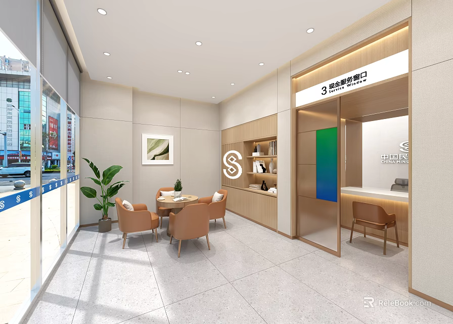 Shengjing Bank Modern Interior Design With Reception Area Tables Chairs And Green Plants 3d model 