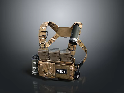 Military Tactical Weapon Vest With Camouflage Design Medic Pouch And Ammunition Pouches 3d model