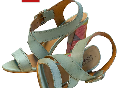 Light Green Women's Sandals With Crisscross Straps And Brown Heel Red Check Pattern 3d model
