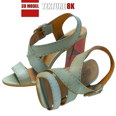 Light Green Women's Sandals With Crisscross Straps And Brown Heel Red Check Pattern 3d model