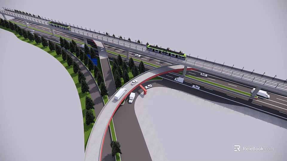 Urban Garden Landscape With Curved Road Green Belts And Elevated Traffic Features 3d model 