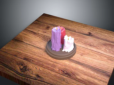 Purple Red White Decorative Candles On Wooden Tray For Home Tabletop 3d model