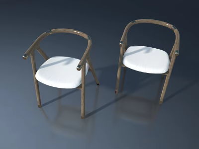 Two Stylish Wooden Chairs with White Cushions and Curved Armrests on Gray Background 3d model