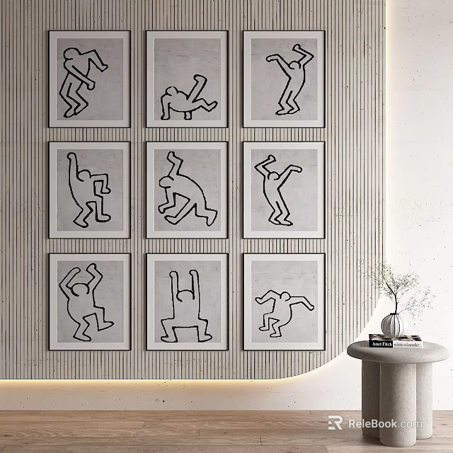 Minimalist Character Line Art On Textured Wall With Side Table Decor 3d model