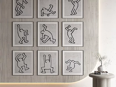 Minimalist Character Line Art On Textured Wall With Side Table Decor 3d model