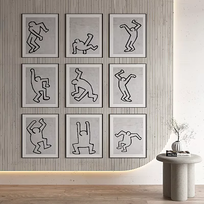 Minimalist Character Line Art On Textured Wall With Side Table Decor 3d model