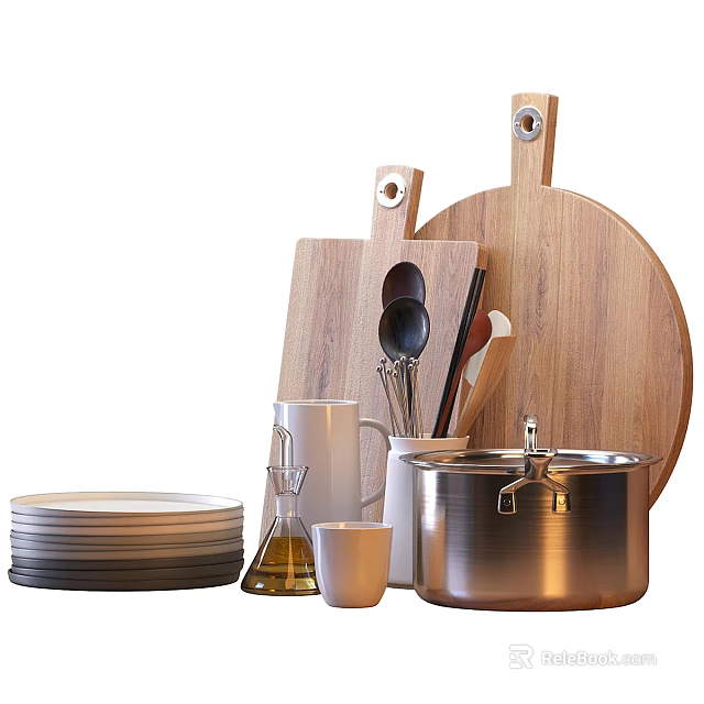 Kitchenware Set With Wooden Cutting Boards Metal Pot Stacked Plates White Cup And Spoons 3d model 
