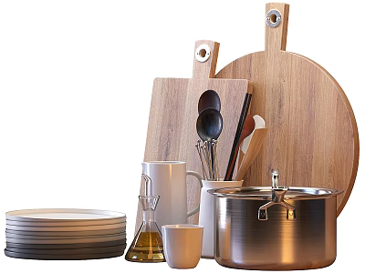 Kitchenware Set With Wooden Cutting Boards Metal Pot Stacked Plates White Cup And Spoons 3d model