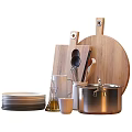Kitchenware Set With Wooden Cutting Boards Metal Pot Stacked Plates White Cup And Spoons