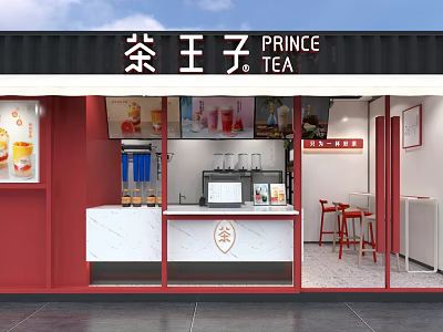 Prince Tea Milk Tea Shop Interior With Red And White Decor Counter And Seating Area 3d model