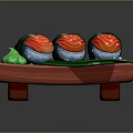 Vibrant Sushi Rolls On Red Wooden Plate With Green Wasabi And Leaf