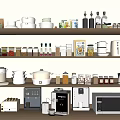 Organized Kitchen Shelf Displaying Various Modern Small Kitchen Appliances And Containers 3d model