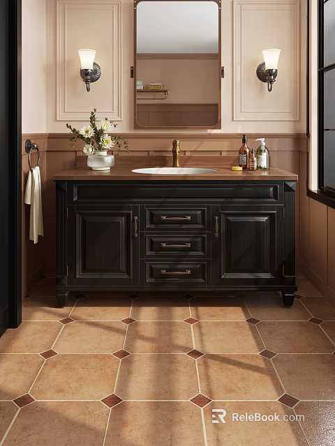 Bathroom Vanity with Black Cabinet Wooden Countertop Vase with Flowers Hand Soap and Mirror 3d model 