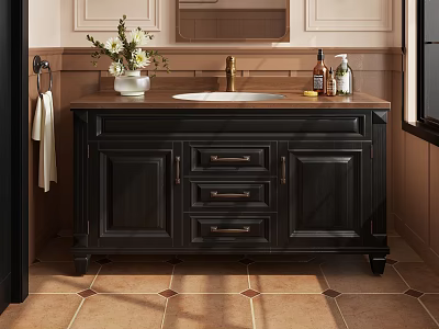 Bathroom Vanity with Black Cabinet Wooden Countertop Vase with Flowers Hand Soap and Mirror 3d model