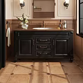 Bathroom Vanity with Black Cabinet Wooden Countertop Vase with Flowers Hand Soap and Mirror