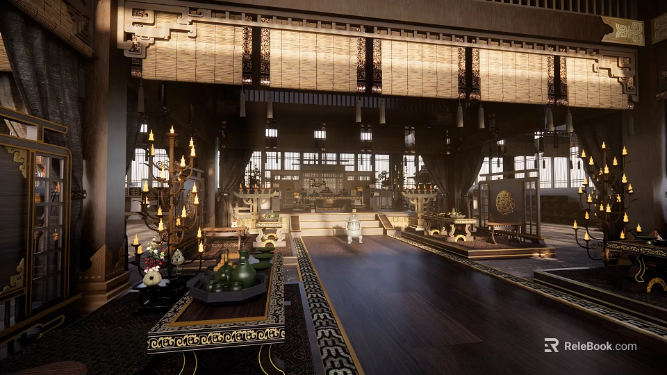 Chinese Style Luxurious Reception Hall With Wooden Structure Chandeliers And Carved Decorations 3d model 