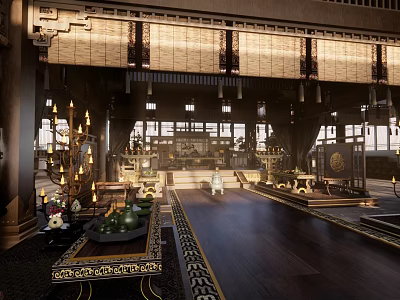 Chinese Style Luxurious Reception Hall With Wooden Structure Chandeliers And Carved Decorations 3d model