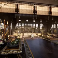 Chinese Style Luxurious Reception Hall With Wooden Structure Chandeliers And Carved Decorations