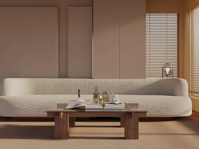 Beige Three-Seater Sofa With Wooden Coffee Table Books Cups Natural Light Beige Wall Window Blinds 3d model