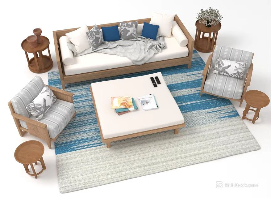 Modern Living Room Furniture Interior With Sofa Chairs Coffee Table Side Tables And Blue Pillows 3d model 