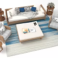 Modern Living Room Furniture Interior With Sofa Chairs Coffee Table Side Tables And Blue Pillows