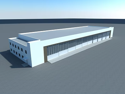 Large White Industrial Building Featuring Flat Roof And Large Glass Windows In Open Area 3d model