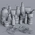 Stylish Bathroom Accessories With Natural Green Leaves And Skincare Bottles Jars