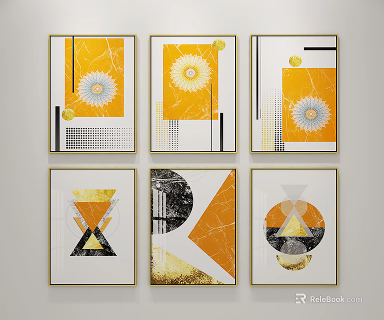 Modern Abstract Decorative Paintings With Geometric Patterns Yellow White Black Gold 3d model