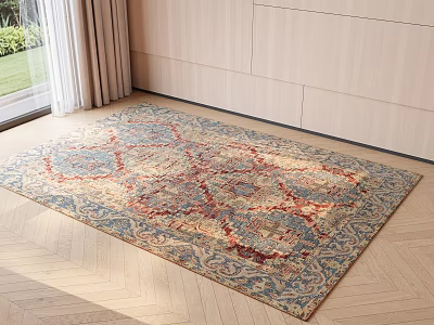 Square Area Rug With Intricate Patterns In Blue Red Beige Tones On Wooden Floor 3d model