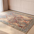 Square Area Rug With Intricate Patterns In Blue Red Beige Tones On Wooden Floor