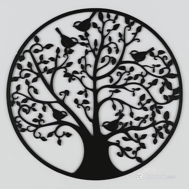 Elegant Circular Tree Wall Decor with Intricate Leaves and Birds Pattern 3d model 