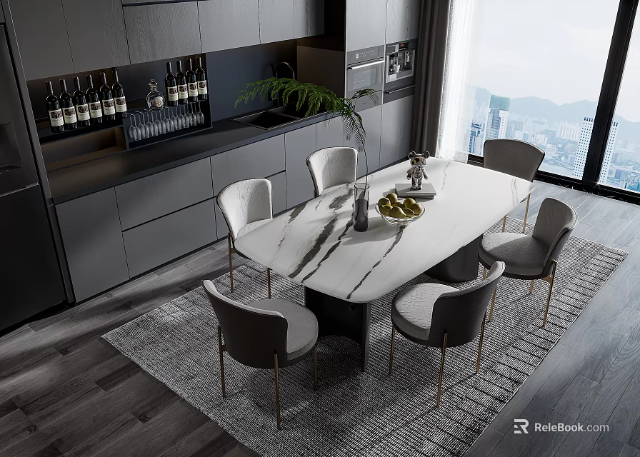 Modern Restaurant With Marble Dining Table Gray Chairs Open Kitchen Black Cabinets And City View 3d model 