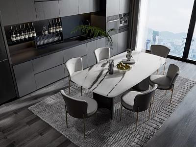 Modern Restaurant With Marble Dining Table Gray Chairs Open Kitchen Black Cabinets And City View 3d model