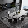 Modern Restaurant With Marble Dining Table Gray Chairs Open Kitchen Black Cabinets And City View