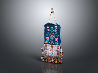 Vibrant Floral Embroidered Household Decor With Blue Base And Colorful Tassel Accents 3d model
