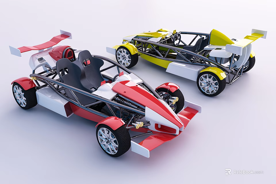 Red And White Yellow And White Open Cockpit Race Cars With Frames And Wheels 3d model 