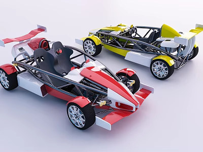 Red And White Yellow And White Open Cockpit Race Cars With Frames And Wheels 3d model