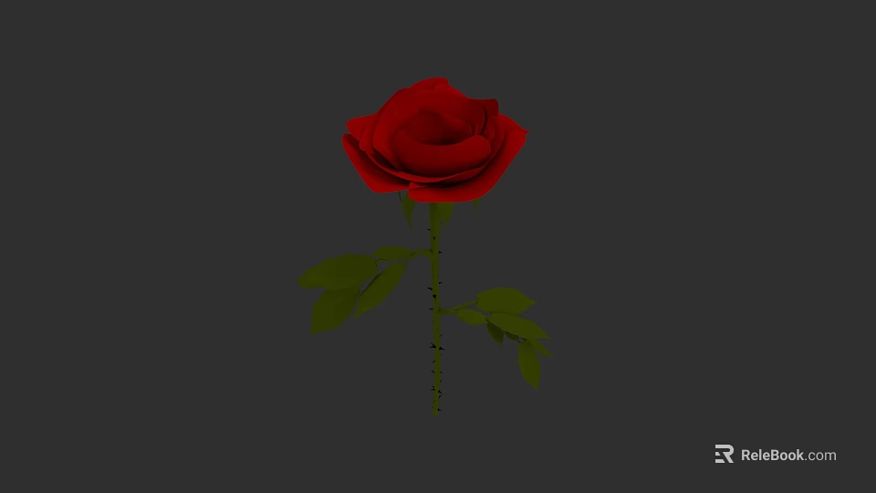 Red Rose in a Vase with Green Leaves and Gray Background 3d model 
