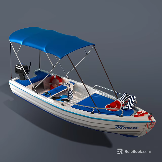 Blue Canopied Yacht With Nautical Decor And Blue White Hull 3d model 