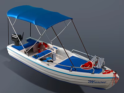 Blue Canopied Yacht With Nautical Decor And Blue White Hull 3d model