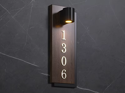 Wooden Doorplate With Number 1306 And Small Light On Dark Marble Wall 3d model
