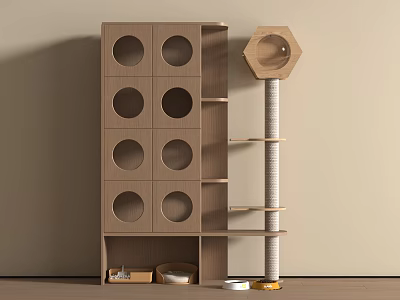 Wooden Cat Tree With Multiple Circular Holes Hexagonal Condo And Food Bowl Toys 3d model