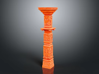 Orange Carved Decorative Pillar With Intricate Ornamental Design Details 3d model
