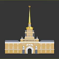 Yellow Historic Building With Golden Spire Clock Tower Arched Entrance And Columns