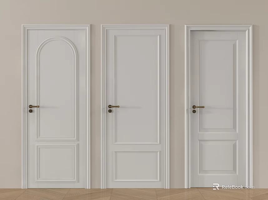 Three White Hinged Doors With Various Panel Designs And Golden Handles In Interior 3d model